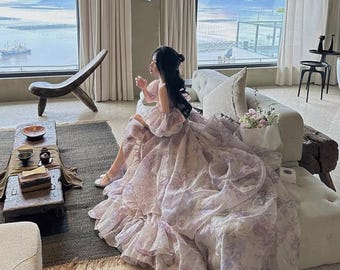 sachin and babi light blue dress Selkie-inspired Dancer in Bloom Bridal Gown Organza Dress W/ Long Train  Floral Alternative Wedding Gown for Ethereal Princess Core Bride
