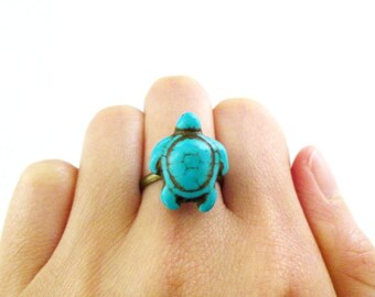 Turtle Ring Animal Jewelry Aquatic Tortoise Ocean Sea Blue Turquoise Howlite Gemstone Gem Stone Minimalist Accessories Womens Gift For Her