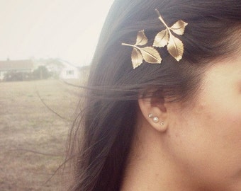Gold Leaf Bobby Pins Bridal Hair Clip Grecian Greek Goddess Bridesmaid Vintage Style Rustic Woodland Wedding Accessories Womens Gift For Her