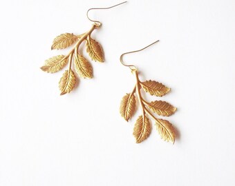 Gold Leaf Earrings Bridal Jewelry Bridesmaid Charm Botanical Rustic Woodland Dangle Drop Wedding Accessories Womens Gift For Her Autumn Fall