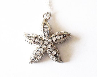 Rhinestone Starfish Necklace Silver Nautical Pendant Beach Charm Mermaid Bride Bridal Party Gifts Bridesmaids Beach Weddings Womens Gift