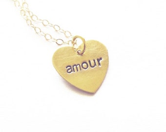 Gold French Necklace Paris Jewelry Amour Charm France Pendant Small Heart Love Accessories Anniversary Wife Girlfriend Womens Gift For Her
