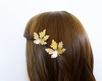 Wedding Hair Clips Gold Maple Leaf Barrettes Bridal Bride Bridesmaid Botanical Nature Inspired Autumn Fall Rustic Woodland Hair Accessories