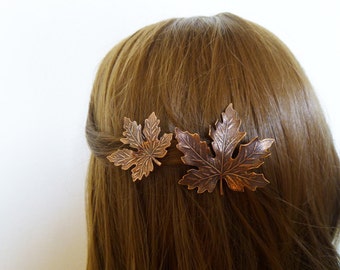 Copper Leaf Barrettes Bridesmaid Hair Clips Maple Leaves Bride Bridal Autumn Fall Rustic Woodland Wedding Accessories Womens Gift For Her