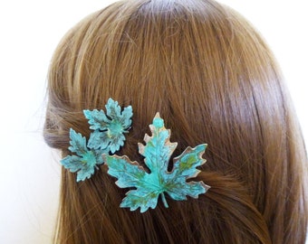 Green Leaf Hair Clips Bridal Barrettes Maple Leaves Botanical Garden Nature Rustic Woodland Wedding Accessories Wife Girlfriend Womens Gift