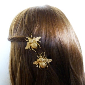 Gold Bee Barrettes Bumblebee Girls Hair Clips Nature Garden Bridesmaids Rustic Woodland Wedding Accessories Vintage Style Unique Womens Gift