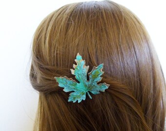 Green Leaf Hair Clip Bridal Barrette Bride Bridesmaid Botanical Maple Rustic Woodland Wedding Accessories Womens Gift For Her Spring Easter