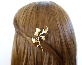 Hair Clip Hair Accessories Hair Pin Vintage Style Bobby Pin Bridal Hair Accessories Gold Leaf Scottish Thistle Scotland Womens Gift For Her