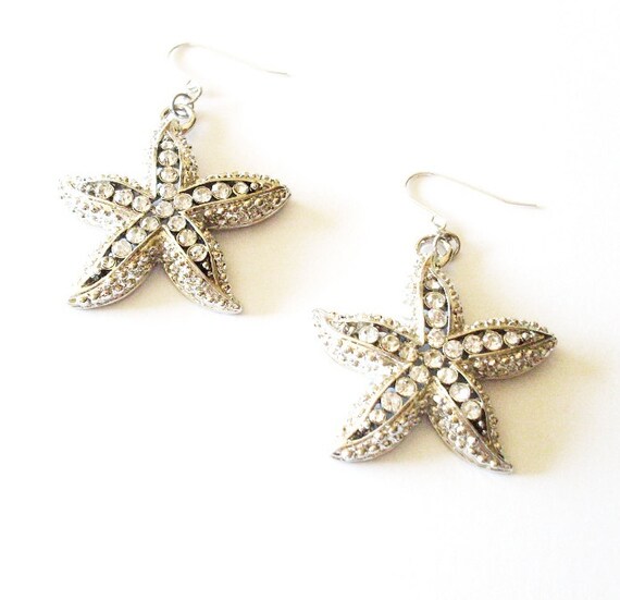 Beach Bride Earrings Silver Rhinestone Starfish Jewelry Etsy