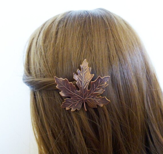 Copper Leaf Barrette Girls Hair Clip Elf Fairy Forest Nature Garden Maple Leaf Autumn Fall Rustic Woodland Wedding Accessories Womens Gift