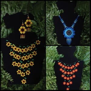 Huichol Sunflower Jewelry Set / Handmade Mexican Necklace and Earrings / Colorful Beaded Jewelry Set / Mexican Jewelry / Chaquira Jewelry.