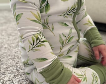 Green Bamboo Baby Pajamas, Floral Print Convertible Footie Sleeper, Breathable Spring Infant Sleepwear