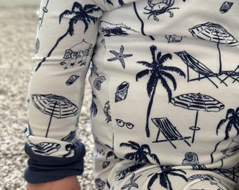 Blue Bamboo Baby Pajamas, Beach Print Convertible Footie Sleeper, Boys Breathable Infant Sleepwear