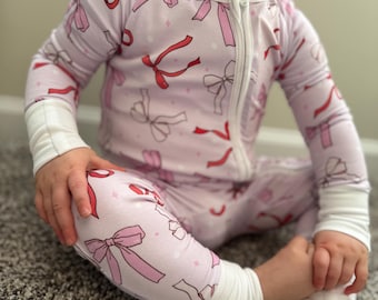 Pink Bamboo Baby Pajamas, Bow Print Convertible Footie Sleeper, Girls Breathable Infant Sleepwear