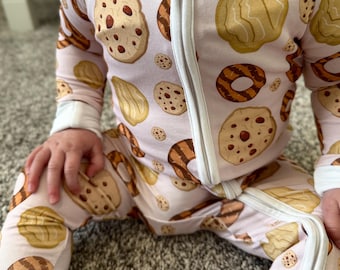 Pink Bamboo Baby Pajamas, Cookie Print Convertible Footie Sleeper, Breathable Infant Sleepwear