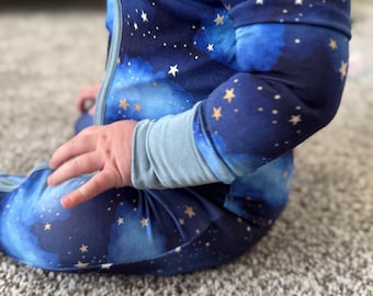 Blue Bamboo Baby Pajamas, Star Print Convertible Footie Sleeper, Boys Breathable Infant Sleepwear