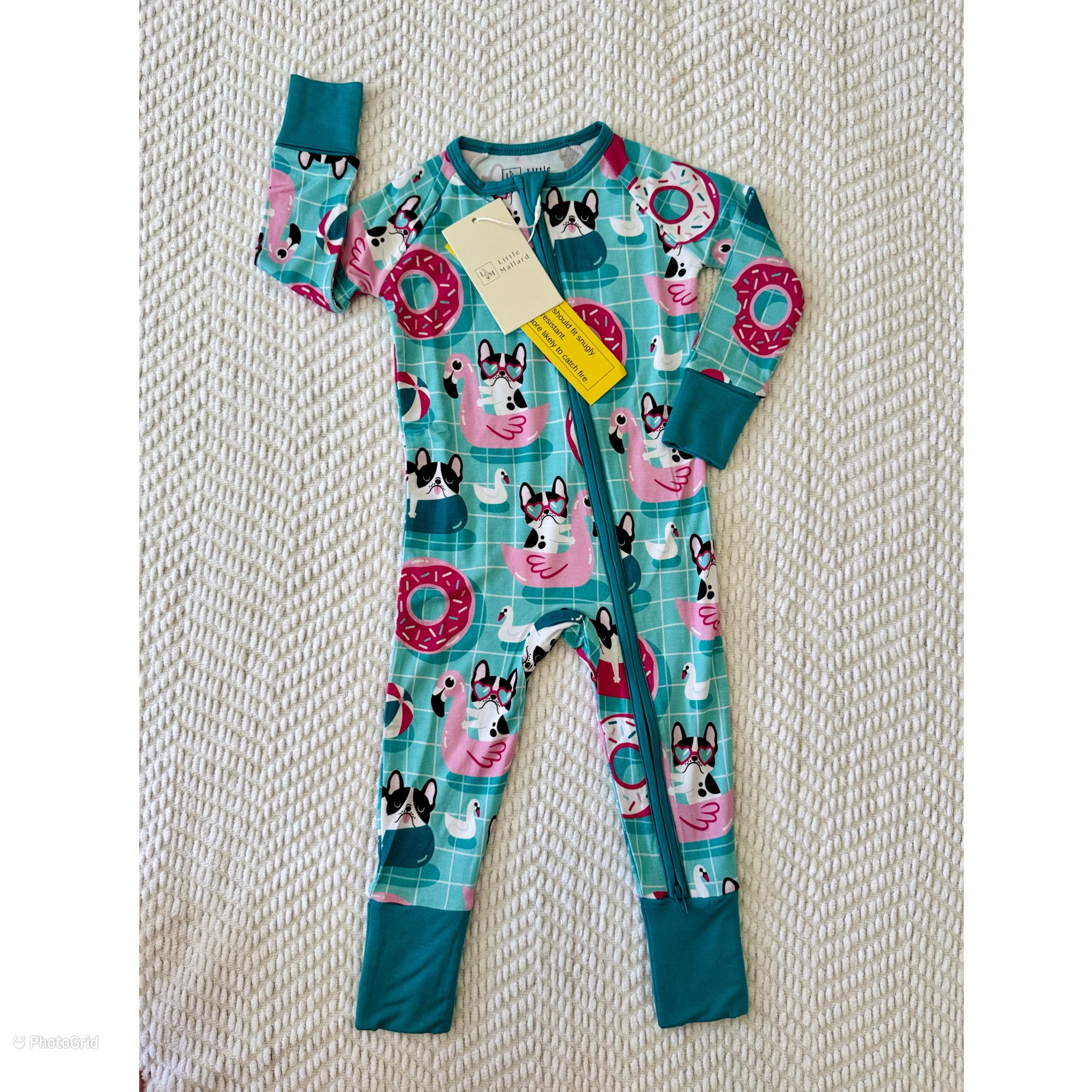 Bamboo Baby Blue Pajamas: Convertible Footed Sleeper Dog Pool Party Print