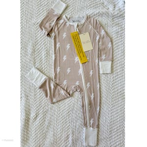 Bamboo Baby Pajamas Convertible Footie Romper Beige Lightning Bolt Sleeper Soft Breathable Baby Clothes Gender Neutral Gift Rock N Roll