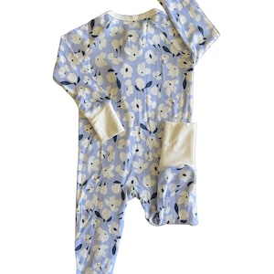 blue bamboo baby pajama with white flowers. Pajama is a convertible design. this pajama is perfect for spring, summer, Easter, baby shower gift, birthday gift
