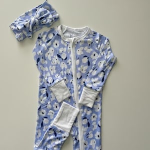 Blue Bamboo Baby Pajamas, Floral Print Convertible Footie Sleeper, Girls Spring Breathable Infant Sleepwear image 5