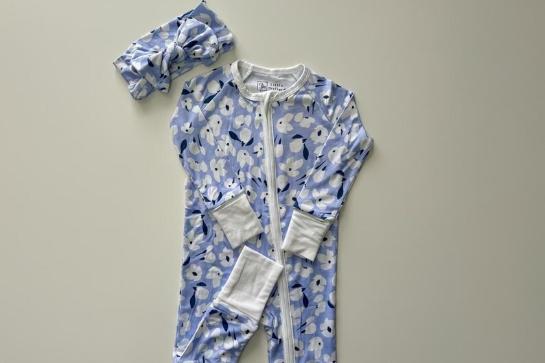 Blue Bamboo Baby Pajamas, Floral Print Convertible Footie Sleeper, Girls Spring Breathable Infant Sleepwear image 5