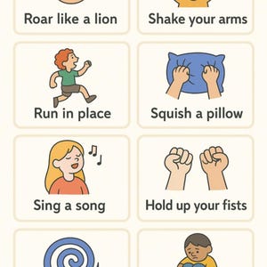 Puede incluir: Un conjunto de ocho tarjetas ilustradas con instrucciones. Cada tarjeta presenta un dibujo sencillo y texto. Las instrucciones incluyen "Roar like a lion", "Shake your arms" y "Run in place". Las ilustraciones son de estilo caricatura.