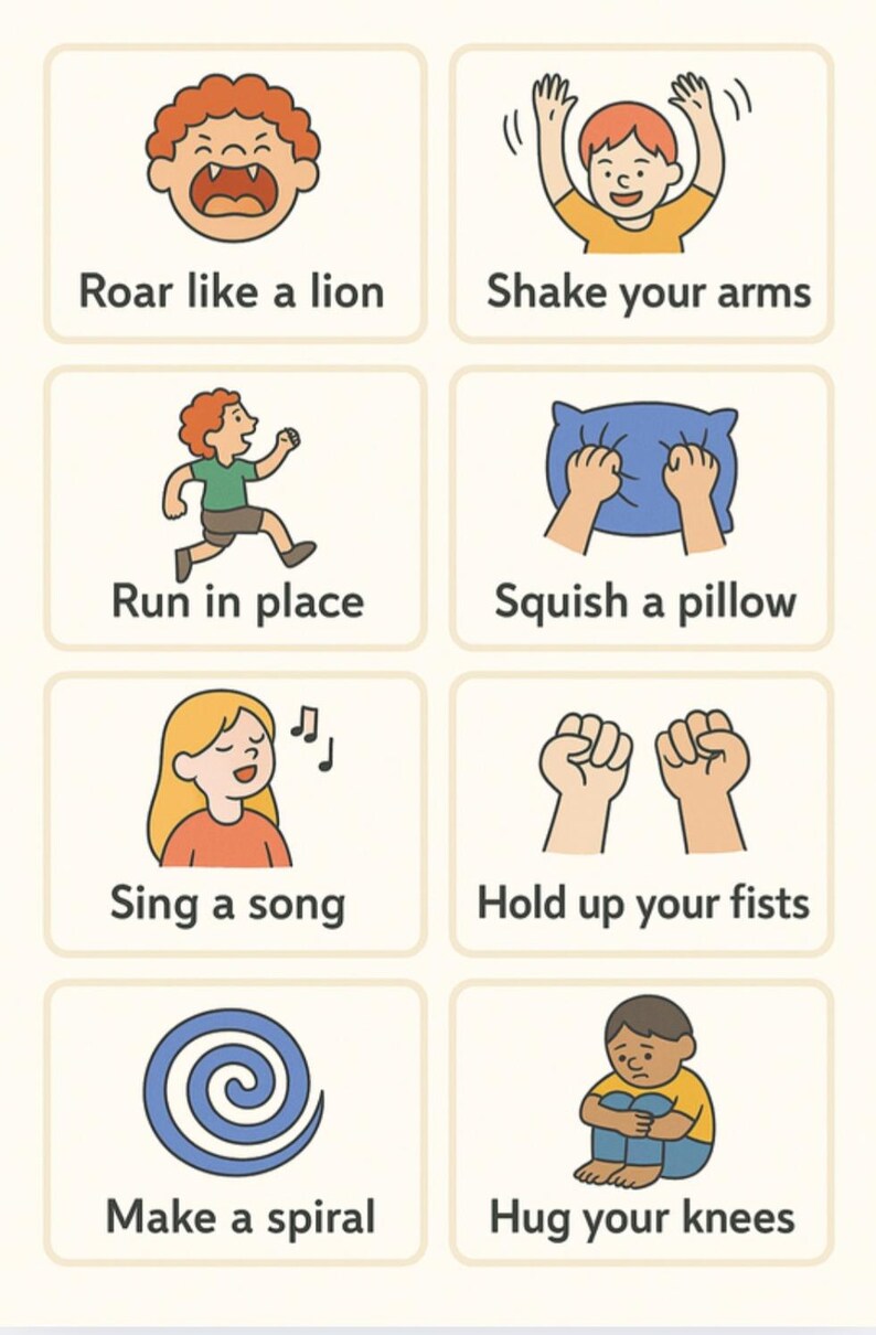 Puede incluir: Un conjunto de ocho tarjetas ilustradas con instrucciones. Cada tarjeta presenta un dibujo sencillo y texto. Las instrucciones incluyen "Roar like a lion", "Shake your arms" y "Run in place". Las ilustraciones son de estilo caricatura.