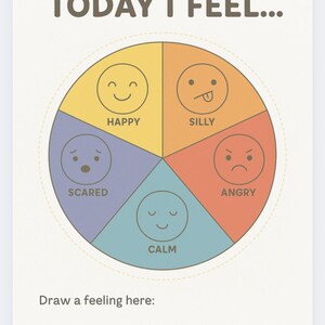 Puede incluir: Un papel blanco con el texto "TODAY I FEEL..." encima de una colorida rueda de emociones. La rueda est&aacute; dividida en secciones etiquetadas como "Happy", "Silly", "Angry", "Calm" y "Scared", cada una con un emoji correspondiente. Debajo, un espacio para "Draw a feeling here:"