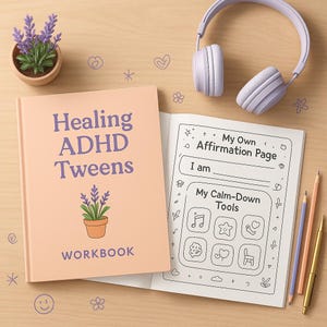 May include: A workbook titled "Healing ADHD Tweens" with a lavender plant illustration, open to a page with "My Own Affirmation Page" and "My Calm-Down Tools" sections. Includes lavender headphones, pencils, and a small potted lavender plant.