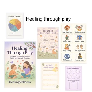 Puede incluir: Una colecci&oacute;n de hojas de trabajo e gu&iacute;as imprimibles para la curaci&oacute;n emocional y energ&eacute;tica para padres e hijos. Incluye una tabla "Hoy me siento", una b&uacute;squeda del tesoro y una hoja de trabajo "Mi constructor de espacio seguro".