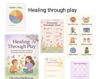 Puede incluir: Una colección de hojas de trabajo e guías imprimibles para la curación emocional y energética para padres e hijos. Incluye una tabla "Hoy me siento", una búsqueda del tesoro y una hoja de trabajo "Mi constructor de espacio seguro".