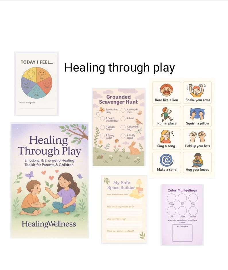 Puede incluir: Una colecci&oacute;n de hojas de trabajo e gu&iacute;as imprimibles para la curaci&oacute;n emocional y energ&eacute;tica para padres e hijos. Incluye una tabla "Hoy me siento", una b&uacute;squeda del tesoro y una hoja de trabajo "Mi constructor de espacio seguro".