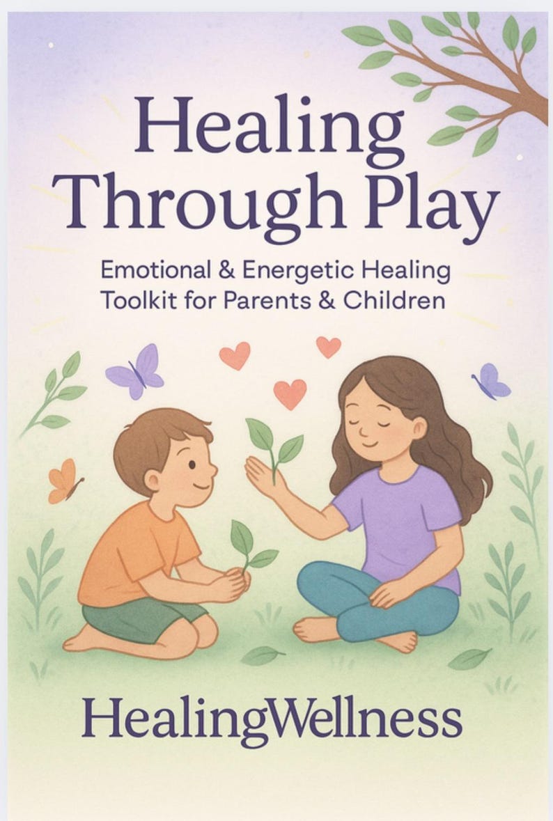 Puede incluir: Ilustraci&oacute;n de la portada de un libro titulado "Healing Through Play". La portada presenta a dos ni&ntilde;os, mariposas y corazones. El texto dice "Emotional & Energetic Healing Toolkit for Parents & Children" y "HealingWellness."