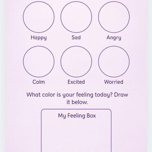 Puede incluir: Una hoja de trabajo de color lila claro titulada "Color My Feelings" con seis c&iacute;rculos etiquetados "Feliz", "Triste", "Enojado", "Calmado", "Emocionado" y "Preocupado". Debajo hay un cuadro etiquetado "My Feeling Box". El texto pregunta: "&iquest;De qu&eacute; color es tu sentimiento hoy? Dib&uacute;jalo abajo."