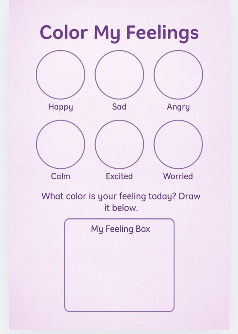 Puede incluir: Una hoja de trabajo de color lila claro titulada "Color My Feelings" con seis c&iacute;rculos etiquetados "Feliz", "Triste", "Enojado", "Calmado", "Emocionado" y "Preocupado". Debajo hay un cuadro etiquetado "My Feeling Box". El texto pregunta: "&iquest;De qu&eacute; color es tu sentimiento hoy? Dib&uacute;jalo abajo."