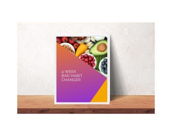 Reto de hábitos saludables de 4 semanas (PDF) / Registro de consumo de agua / Sin azúcar / Plan de batidos / Sin lácteos / Planificador de bienestar / Registro de hábitos