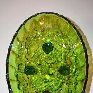 Indiana Harvest Fruit Bowl Iridescent Green Carnival Glass Footed Oval 12”