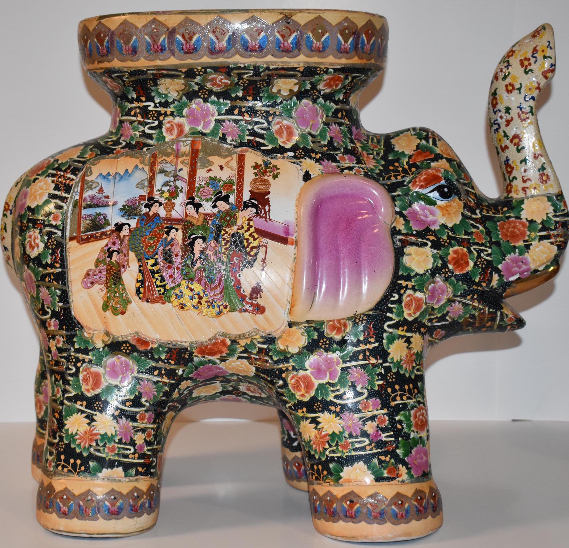 Vintage Chinese Porcelain Elephant Pair – Hand-Painted Gold Accents, 18" Tall – Rare Collector’s Piece