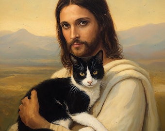 Jesus Holding a Cat, Jesus art print, Jesus holding cat, Christian wall art, cat lover gift, cat and Jesus painting, christian cat art