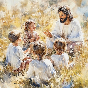 Jesus im Garten mit Kindern Aquarell Digitale Kunst - Christliche Wanddekoration - Religiöse Kinderzimmer Kunst - Bibelgeschichte zum Ausdrucken - Spirituelle Dekoration