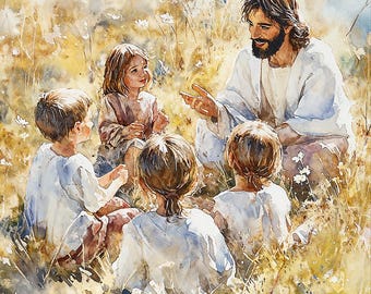 Jesús en el jardín con niños - Arte digital en acuarela - Decoración de pared cristiana - Arte religioso para guardería - Historia bíblica imprimible - Decoración espiritual