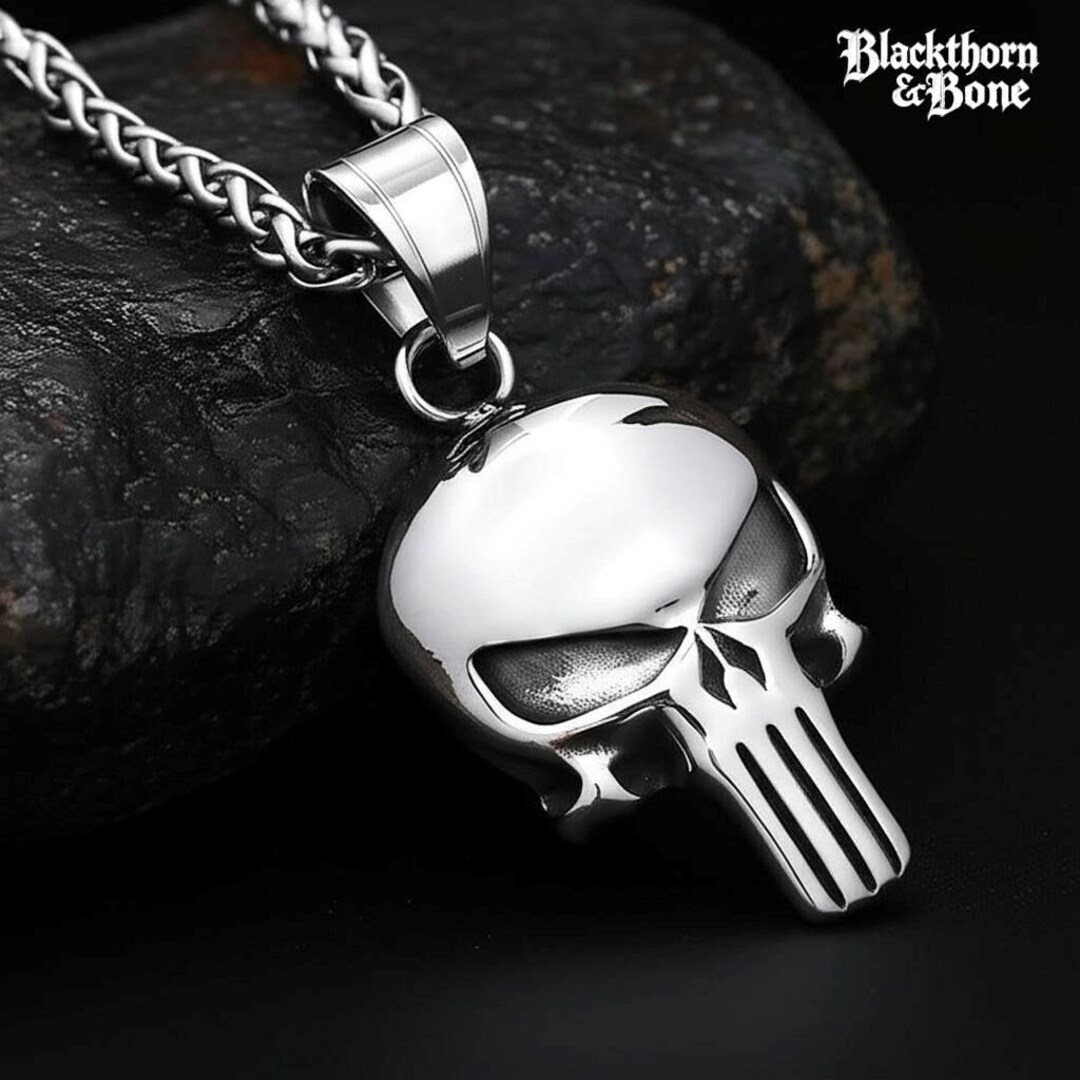 Mens Punk Biker Superhero Punisher Skull Pendant Necklace Stainless Steel Gift