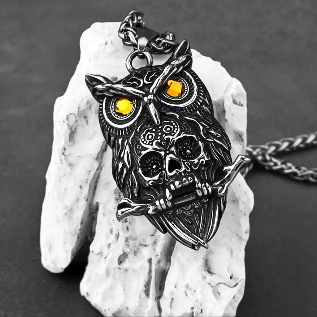 アクセサリー VTG JPG Owl Necklace w/ Skull Ring Owl Pendant with Skull Head and Gem in Silver 925, Gold 10K