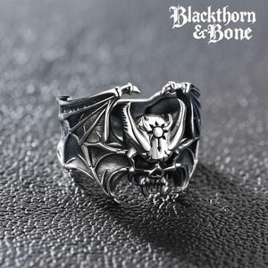 Silver Bat Ring – 925 Sterling Silver Gothic Jewelry, Skull & Bat Wings Ring, Vintage Punk Statement Ring for Men/Women ,Gothic Skull Ring