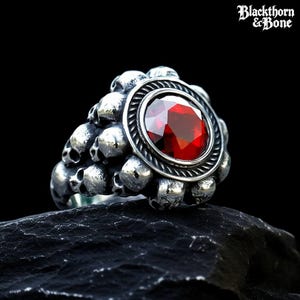 Skull Cluster Ring Red Stone Gothic Jewelry Dark Silver Punk Death Metal Biker Goth Alternative Horror Ring Men Women Blood Ruby, Gift