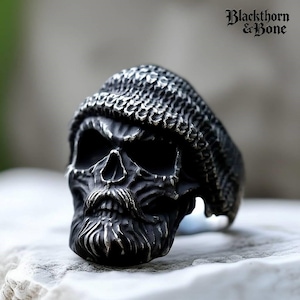 Bearded Skull Ring with Knit Cap - Goth Biker Jewelry - Black Metal Skull Ring - Men&#39;s Alternative Fashion - Gothic Punk Statement Ring