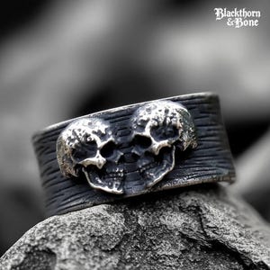 Hand Forged Gothic Love Ring Skull Silver Stainless Steel Dark Romance Punk Goth Vintage Death Wedding Band Couple Jewelry Men Women, Punk