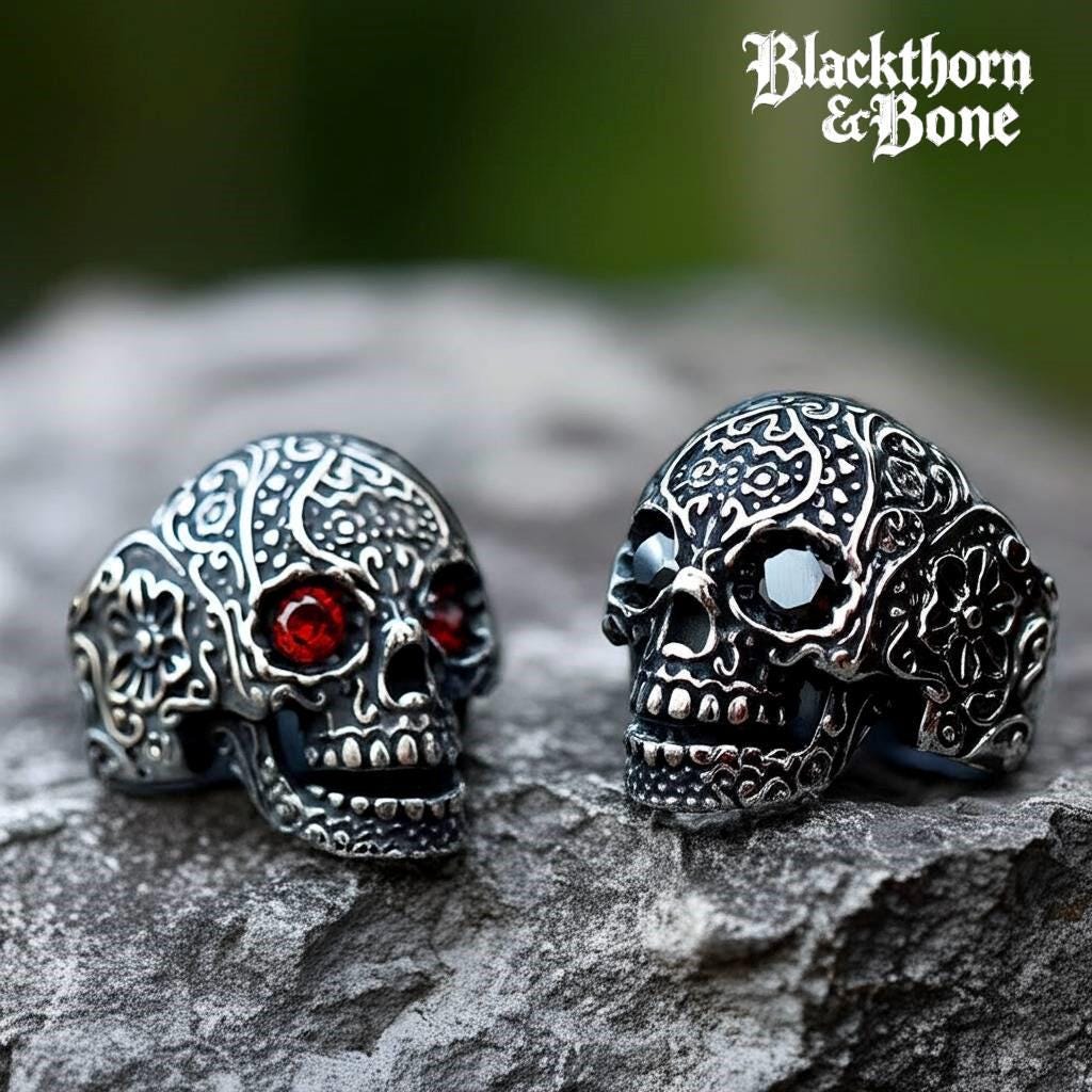 Men's Stainless Steel Skull Ring - Gothic Vampire Red Enamel Coffin Biker Band Jewelry (24mm Width)