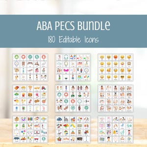 May include: An "ABA PECS BUNDLE" with 180 editable icons. The image shows several sets of cards with various illustrations, including emojis, food items, and activity symbols. The cards are arranged on a light wooden surface.