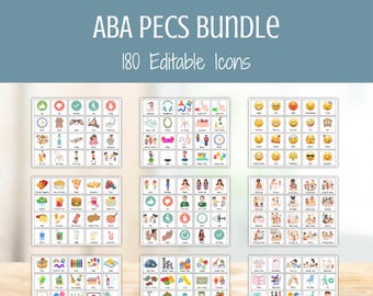 May include: An "ABA PECS BUNDLE" with 180 editable icons. The image shows several sets of cards with various illustrations, including emojis, food items, and activity symbols. The cards are arranged on a light wooden surface.